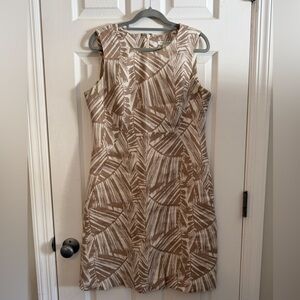 Banana Republic Linen Blend Tan/ Ivory Palm Leaf Sleeveless Sheath Dress Sz 8